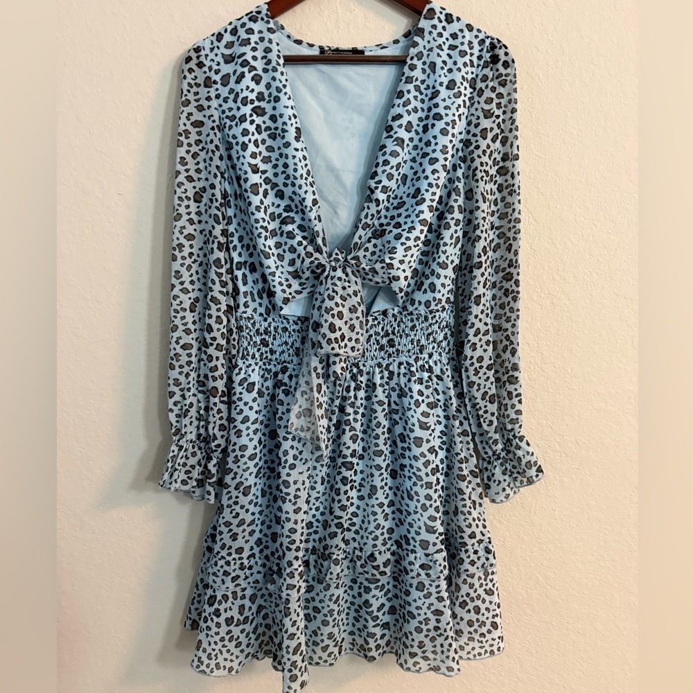 PrettyGarden Light Blue Leopard Print Mini Dress